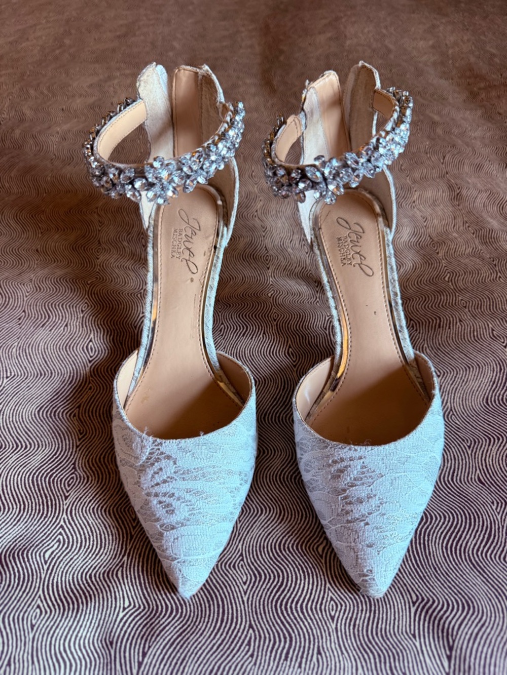 Badgley Mischka White Lace Pointed-Toe Jeweled Ankle-Strap Heels